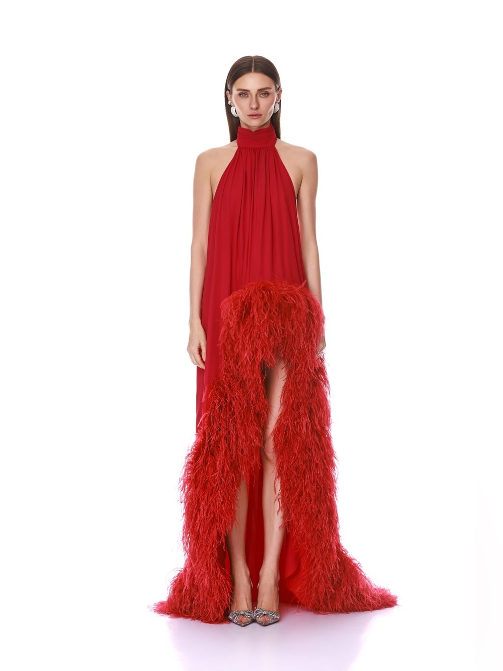 🆕 Bronx Banco Madeline Halterneck Red Evening Maxi high-low Gown w feather